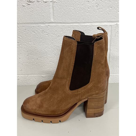 Vintage Foundry Co. Sz 8 Cognac Penelope Suede Leather Block Heel Chelsea Boots - Picture 6 of 9